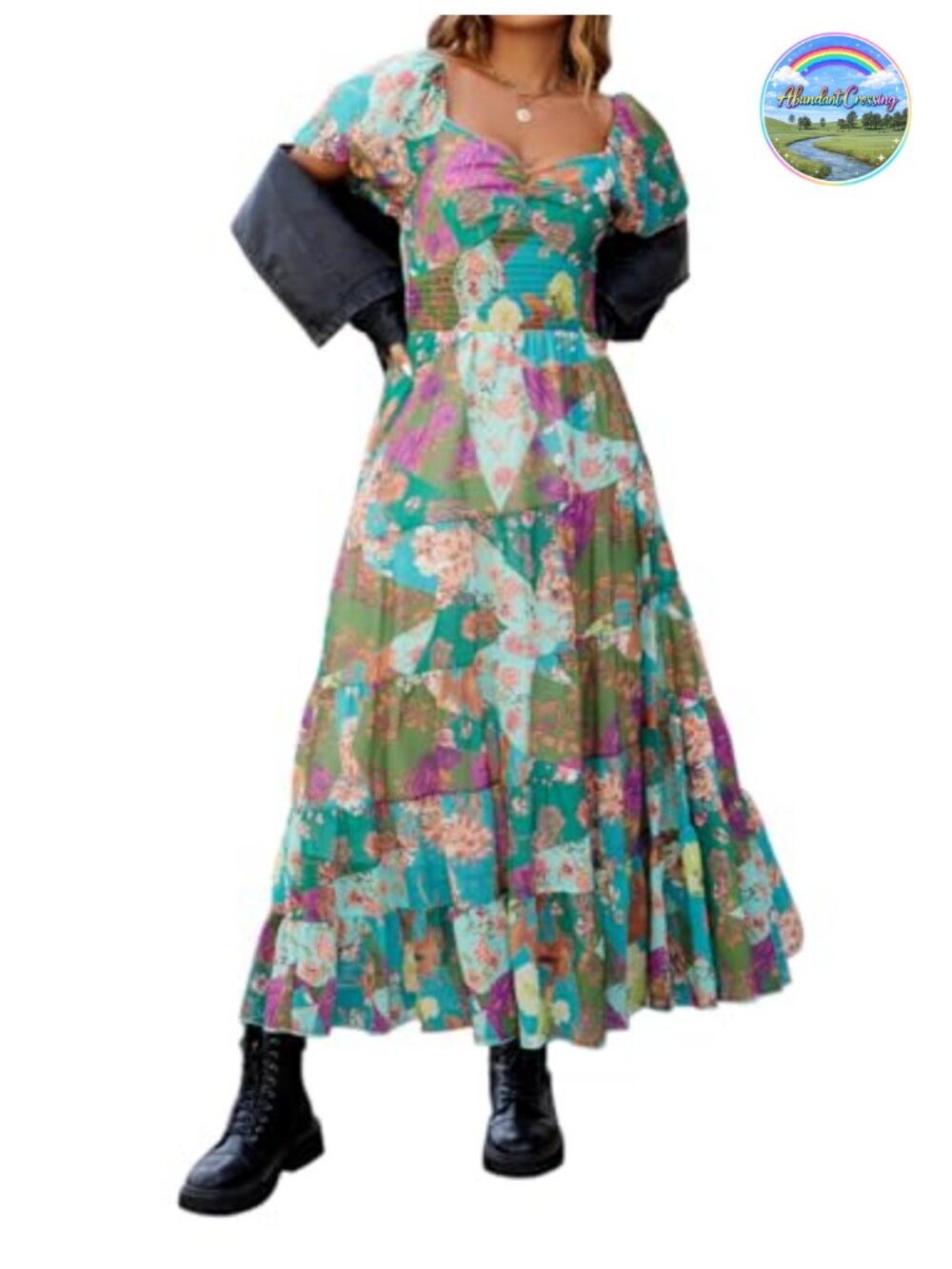 Women Floral Maxi Dress V-Neck Short Puff Sleeve Smocked Boho Flowy Casual